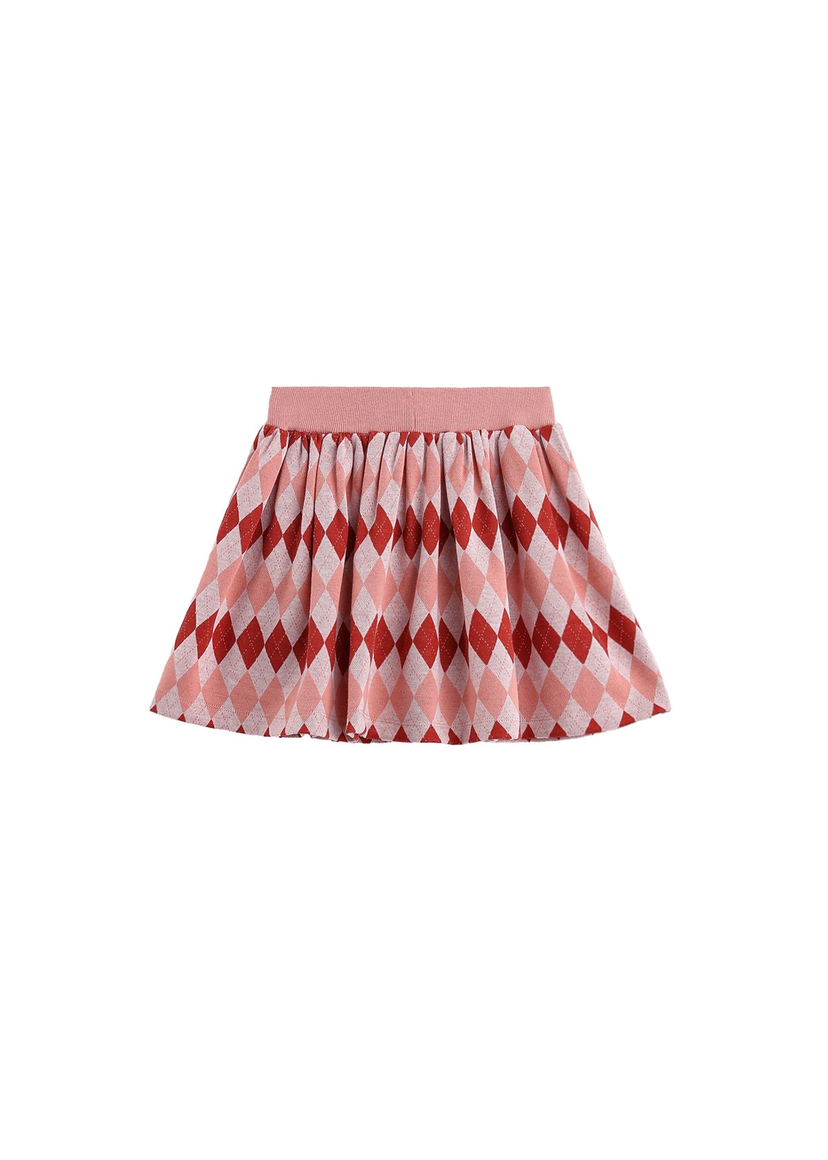 The Jessica Argyle Print Ribbed Waistband Gathered Skirt by Mabel and Honey features a pink pleated design with red and light pink argyle diamond patterns. The skirt has a comfortable ribbed elastic waistband and is shown against a white background.