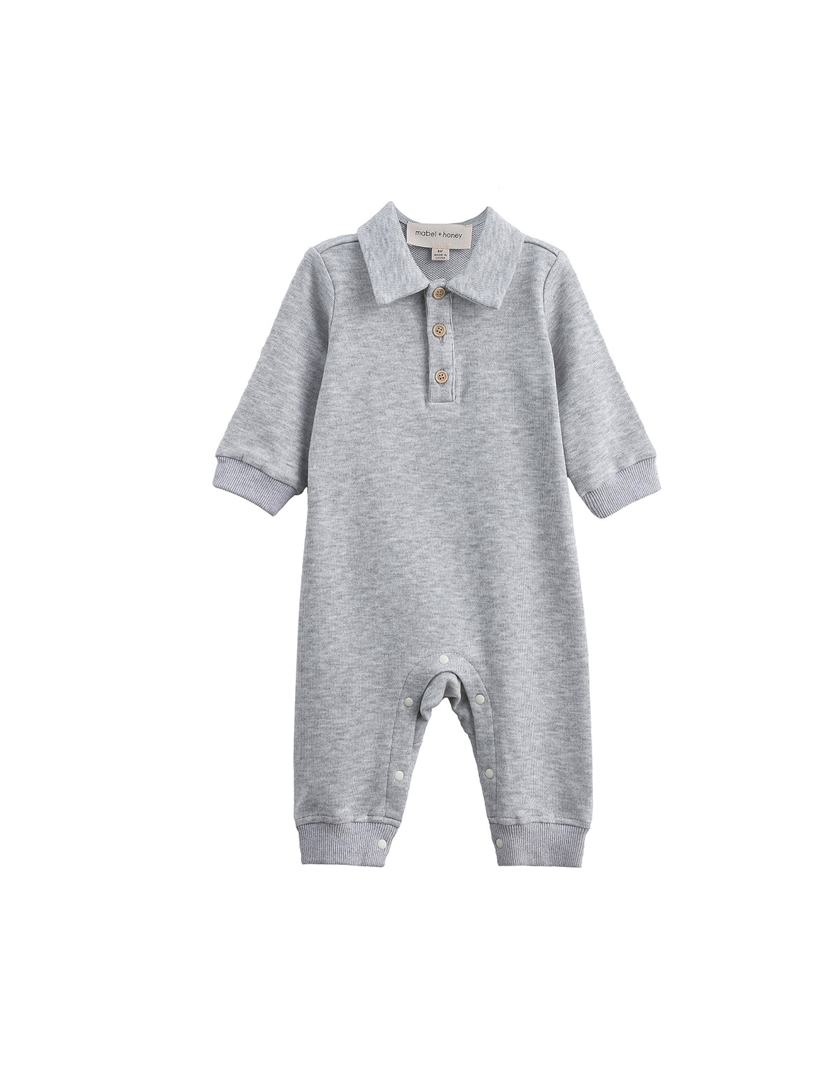 The Beckett and Bear Jacob Long Sleeve Solid Collared Ribbed Trim Romper is crafted from a soft cotton-blend knit in heathered gray, featuring long sleeves, a charming collar, and a button-up chest. Convenient snap closures line the legs for easy changes. Shown on a white background.
