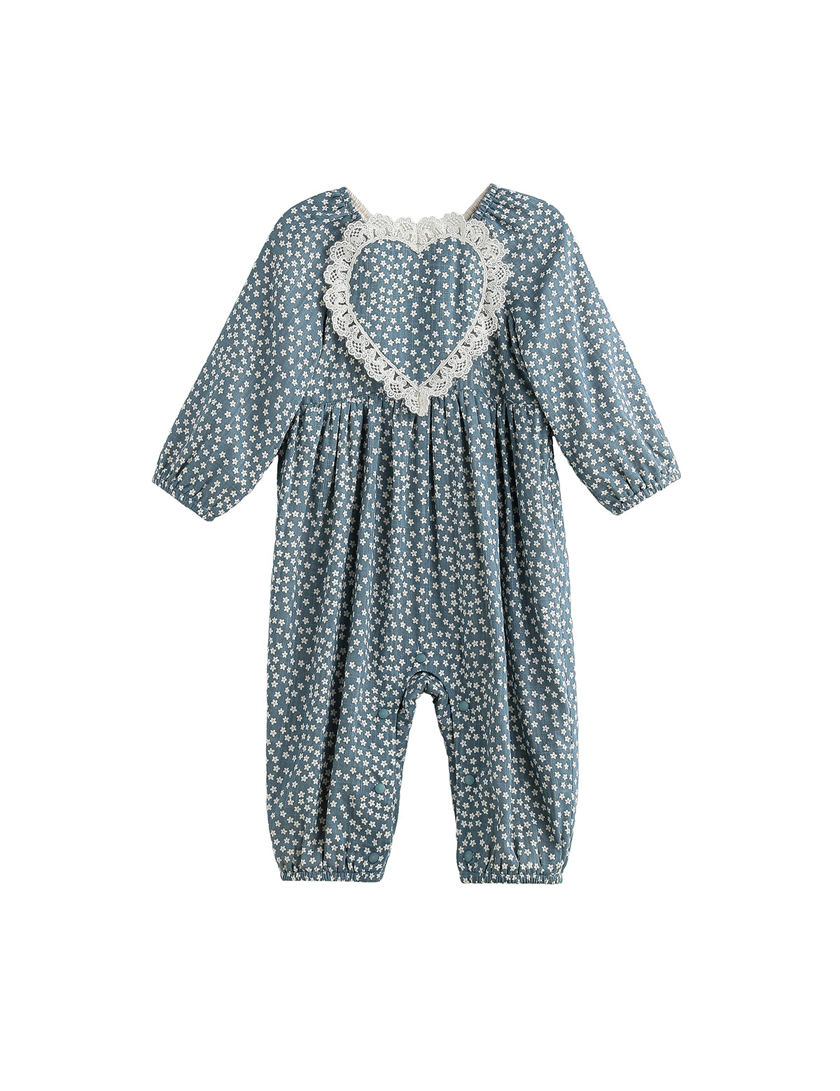 The Mabel + Honey Dolly Romper Long Sleeve Floral Lace Heart Bubble Romper features a charming blue design with white polka dots, long sleeves, and a large heart-shaped lace detail on the chest. With gathered fabric at the neck and ankles, this adorable romper is perfect for your baby girl’s fall wardrobe.