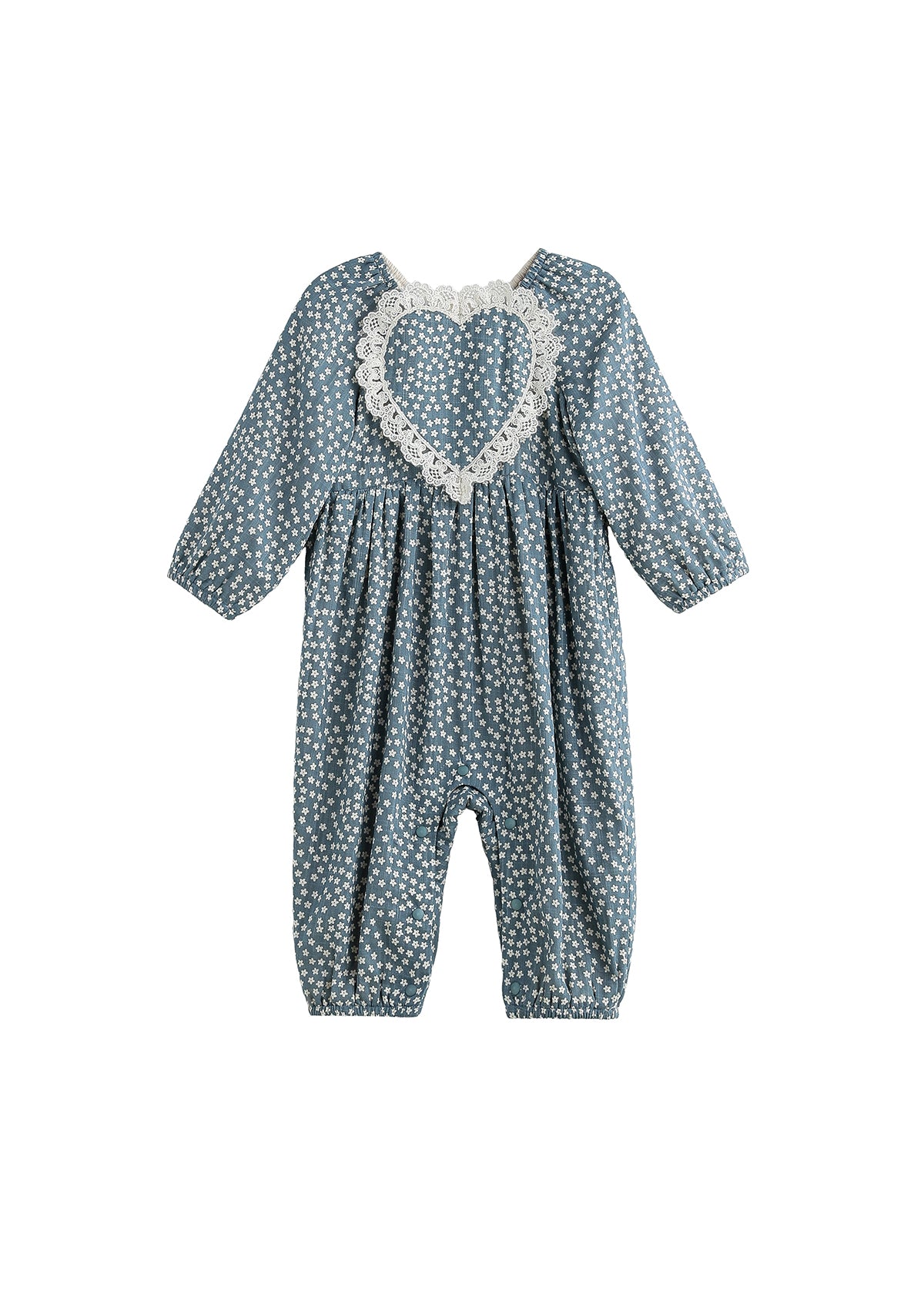 The Mabel + Honey Dolly Romper Long Sleeve Floral Lace Heart Bubble Romper features a charming blue design with white polka dots, long sleeves, and a large heart-shaped lace detail on the chest. With gathered fabric at the neck and ankles, this adorable romper is perfect for your baby girl’s fall wardrobe.