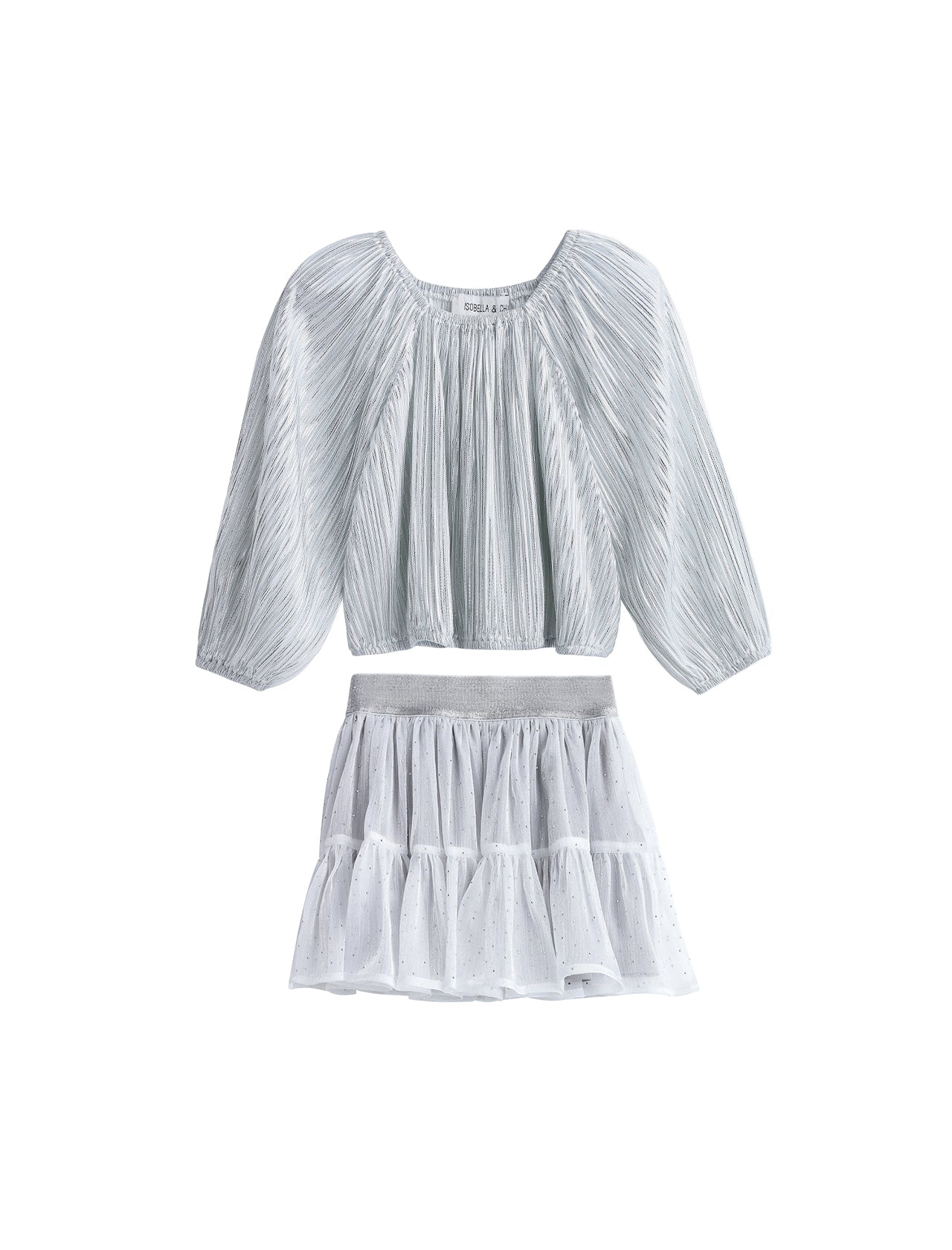 The Shimmer Shine Two Piece Set from Mabel + Honey features a light gray, metallic long sleeve solid top with elegant pleats and a gathered neckline, paired with a white sparkle dot tulle skirt detailed with subtle dots, tiered layers, and a wide waistband—an effortlessly chic ensemble perfect for any occasion.
