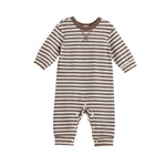 The Beckett and Bear Max Long Sleeve Striped Ribbed Trim Jogger Leg Romper features brown and white stripes, a solid brown collar, ribbed knit fabric, and convenient snaps along the legs. It is displayed on a white background.