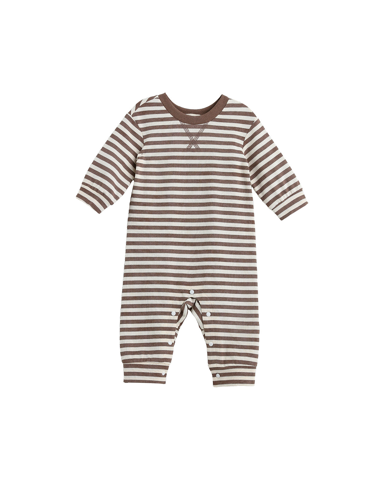 The Beckett and Bear Max Long Sleeve Striped Ribbed Trim Jogger Leg Romper features brown and white stripes, a solid brown collar, ribbed knit fabric, and convenient snaps along the legs. It is displayed on a white background.