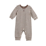 The Beckett and Bear Max Long Sleeve Striped Ribbed Trim Jogger Leg Romper features brown and white stripes, a solid brown collar, ribbed knit fabric, and convenient snaps along the legs. It is displayed on a white background.