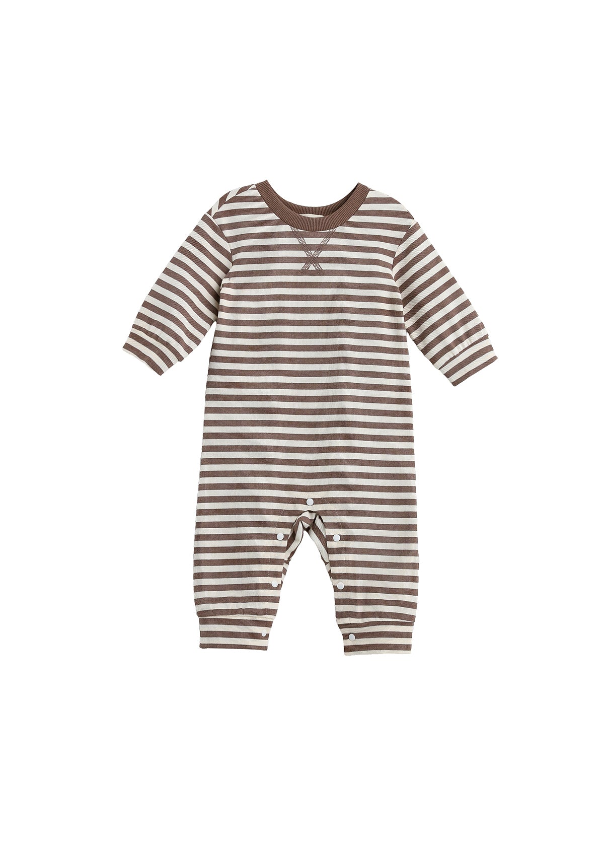 The Beckett and Bear Max Long Sleeve Striped Ribbed Trim Jogger Leg Romper features brown and white stripes, a solid brown collar, ribbed knit fabric, and convenient snaps along the legs. It is displayed on a white background.