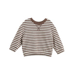 The Mabel + Honey Max Top Long Sleeve Striped Raglan Sleeve Cropped Top features brown and white horizontal stripes, a brown collar, and a small stitched accent at the neckline. Made from soft ribbed cotton knit, it offers both comfort and durability.