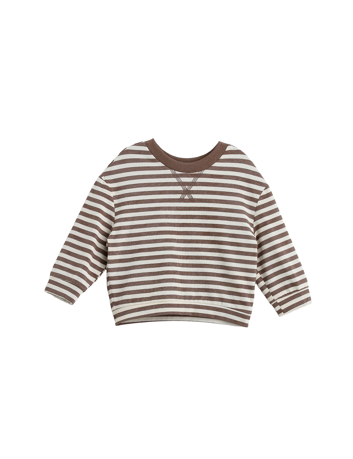 The Mabel + Honey Max Top Long Sleeve Striped Raglan Sleeve Cropped Top features brown and white horizontal stripes, a brown collar, and a small stitched accent at the neckline. Made from soft ribbed cotton knit, it offers both comfort and durability.