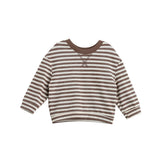 The Mabel + Honey Max Top Long Sleeve Striped Raglan Sleeve Cropped Top features brown and white horizontal stripes, a brown collar, and a small stitched accent at the neckline. Made from soft ribbed cotton knit, it offers both comfort and durability.