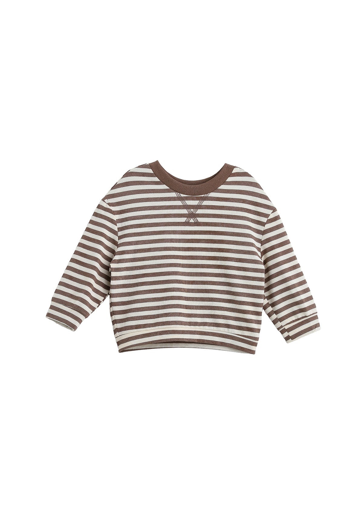 The Mabel + Honey Max Top Long Sleeve Striped Raglan Sleeve Cropped Top features brown and white horizontal stripes, a brown collar, and a small stitched accent at the neckline. Made from soft ribbed cotton knit, it offers both comfort and durability.