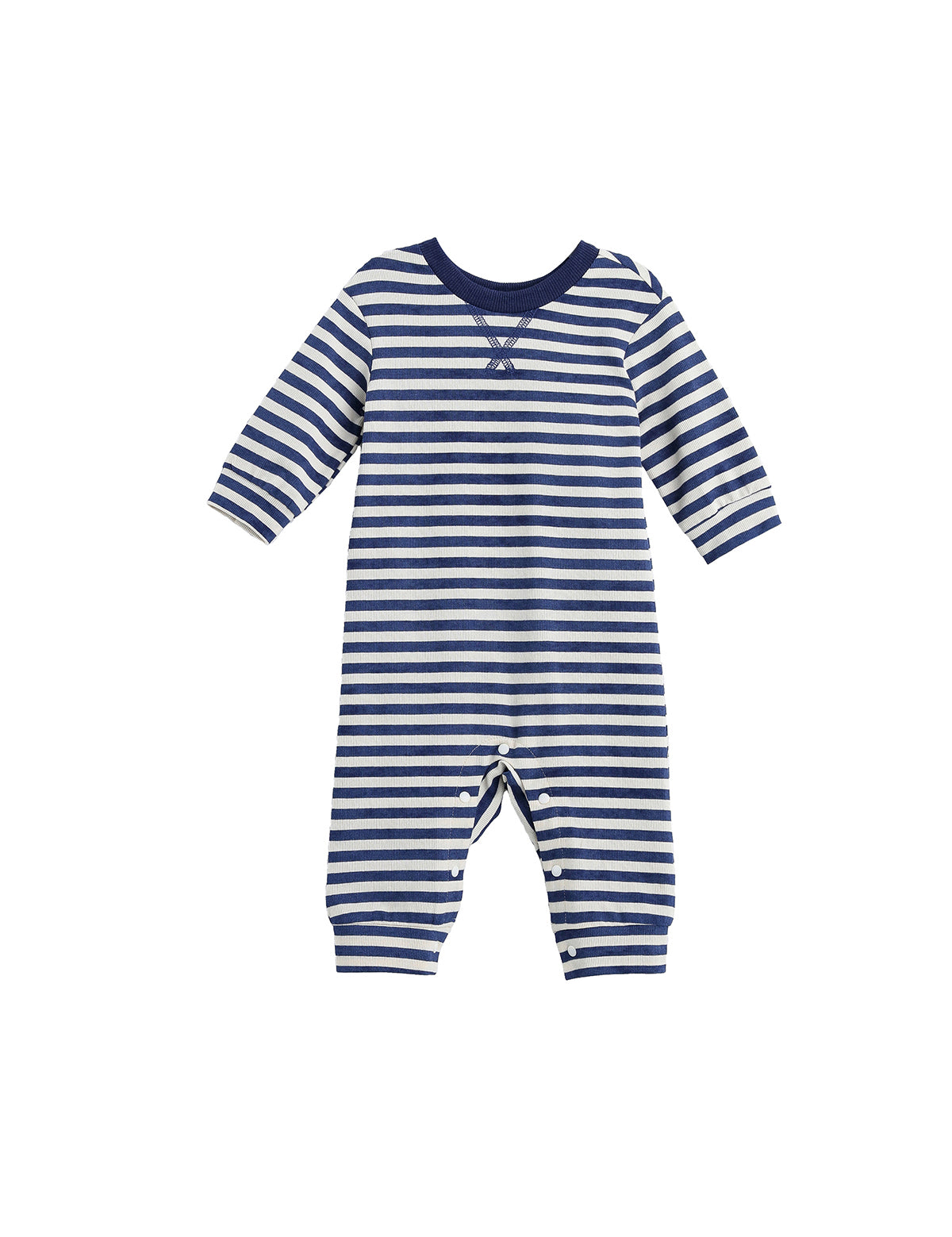 The Benjamin Long Sleeve Striped Straight Leg Romper from Beckett and Bear is a baby romper crafted from soft ribbed cotton, designed in navy blue and white horizontal stripes. It features a round neckline and convenient snap closures at the legs.