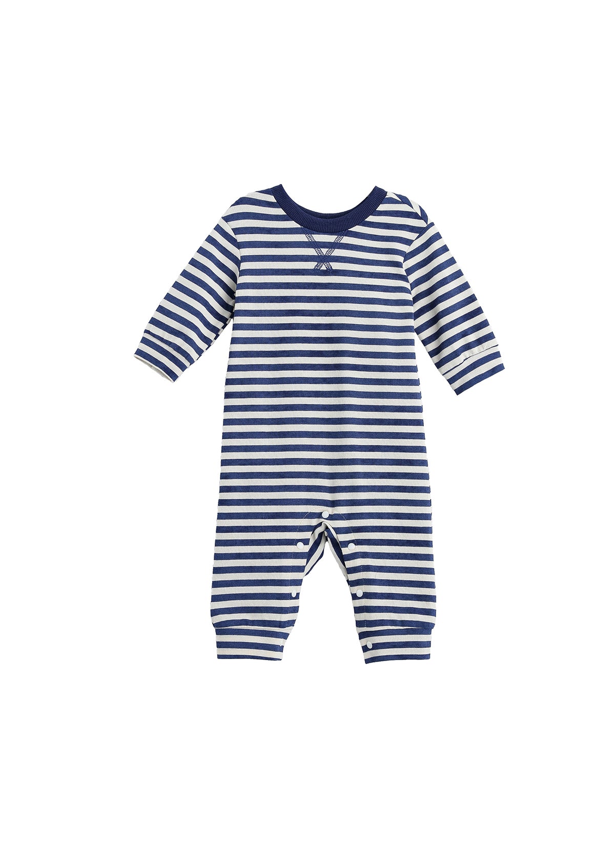 The Benjamin Long Sleeve Striped Straight Leg Romper from Beckett and Bear is a baby romper crafted from soft ribbed cotton, designed in navy blue and white horizontal stripes. It features a round neckline and convenient snap closures at the legs.