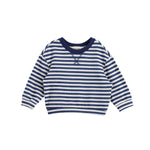 Introducing the Benjamin Long Sleeve Striped Ribbed Round Neckline Drop Shoulder Top by Beckett and Bear—a children’s sweater featuring navy blue and white horizontal stripes with a solid navy collar. Crafted from soft cotton knit, this top offers a comfortable, relaxed fit, making it perfect for everyday wear.