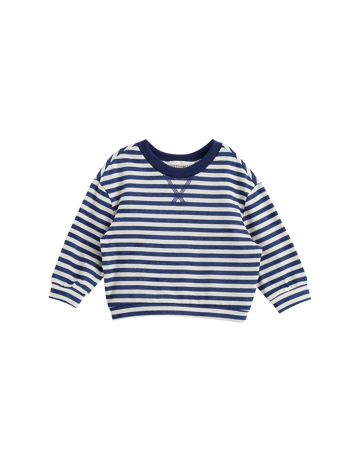 Introducing the Benjamin Long Sleeve Striped Ribbed Round Neckline Drop Shoulder Top by Beckett and Bear—a children’s sweater featuring navy blue and white horizontal stripes with a solid navy collar. Crafted from soft cotton knit, this top offers a comfortable, relaxed fit, making it perfect for everyday wear.