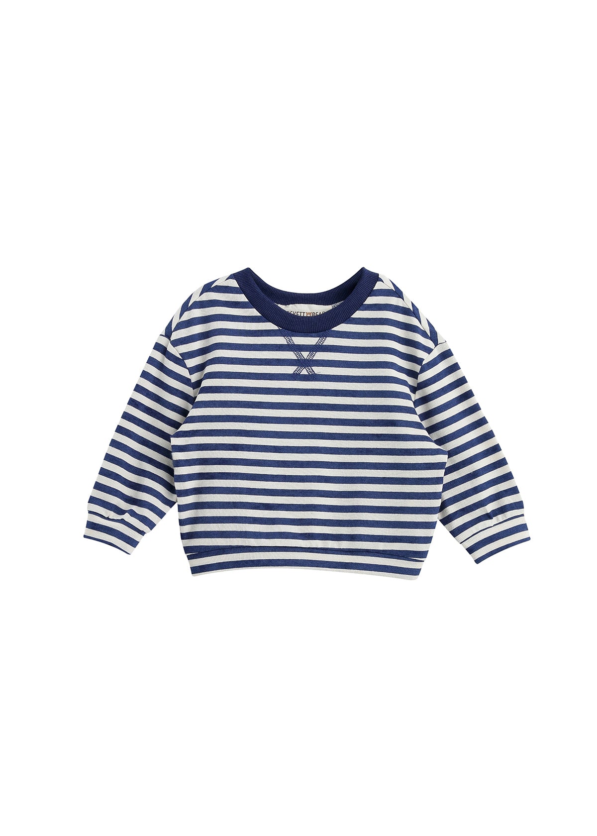 Introducing the Benjamin Long Sleeve Striped Ribbed Round Neckline Drop Shoulder Top by Beckett and Bear—a children’s sweater featuring navy blue and white horizontal stripes with a solid navy collar. Crafted from soft cotton knit, this top offers a comfortable, relaxed fit, making it perfect for everyday wear.
