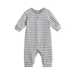 The Ethan Romper Long Sleeve Striped Straight Leg Romper by Mabel + Honey is a baby onesie made from a soft cotton blend. It features long sleeves, gray and white horizontal stripes, ribbed cuffs, and a convenient snap-front leg opening. Displayed on a white background.