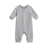 The Ethan Romper Long Sleeve Striped Straight Leg Romper by Mabel + Honey is a baby onesie made from a soft cotton blend. It features long sleeves, gray and white horizontal stripes, ribbed cuffs, and a convenient snap-front leg opening. Displayed on a white background.