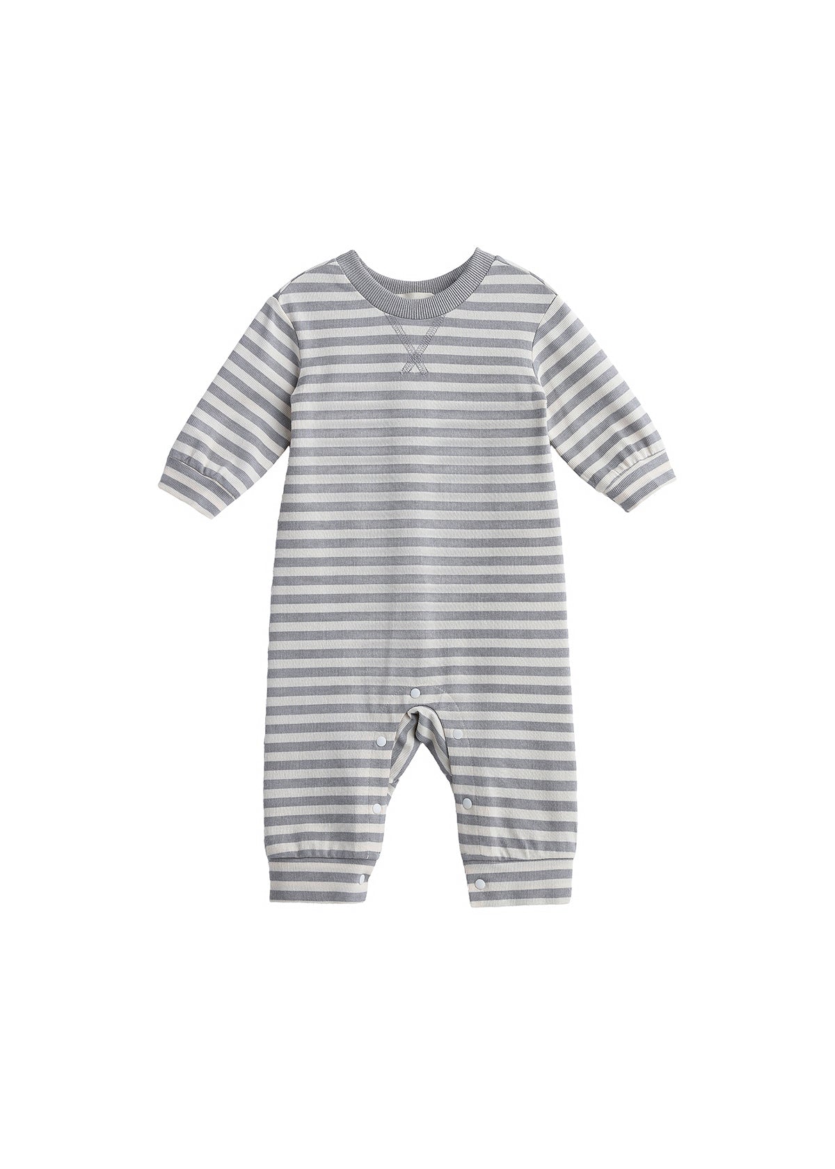 The Ethan Romper Long Sleeve Striped Straight Leg Romper by Mabel + Honey is a baby onesie made from a soft cotton blend. It features long sleeves, gray and white horizontal stripes, ribbed cuffs, and a convenient snap-front leg opening. Displayed on a white background.