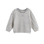 The Beckett and Bear Ethan Long Sleeve Striped Ribbed Crewneck Top is a soft brushed knit pullover for toddlers, featuring gray and white stripes, ribbed cuffs and collar, a relaxed boxy fit, and shown on a plain white background.
