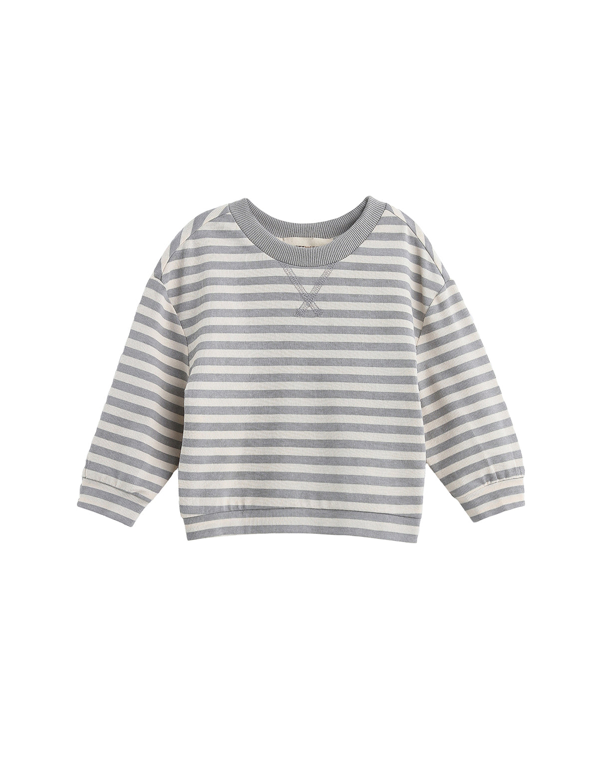 The Beckett and Bear Ethan Long Sleeve Striped Ribbed Crewneck Top is a soft brushed knit pullover for toddlers, featuring gray and white stripes, ribbed cuffs and collar, a relaxed boxy fit, and shown on a plain white background.