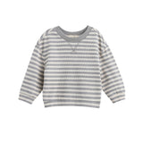 The Beckett and Bear Ethan Long Sleeve Striped Ribbed Crewneck Top is a soft brushed knit pullover for toddlers, featuring gray and white stripes, ribbed cuffs and collar, a relaxed boxy fit, and shown on a plain white background.