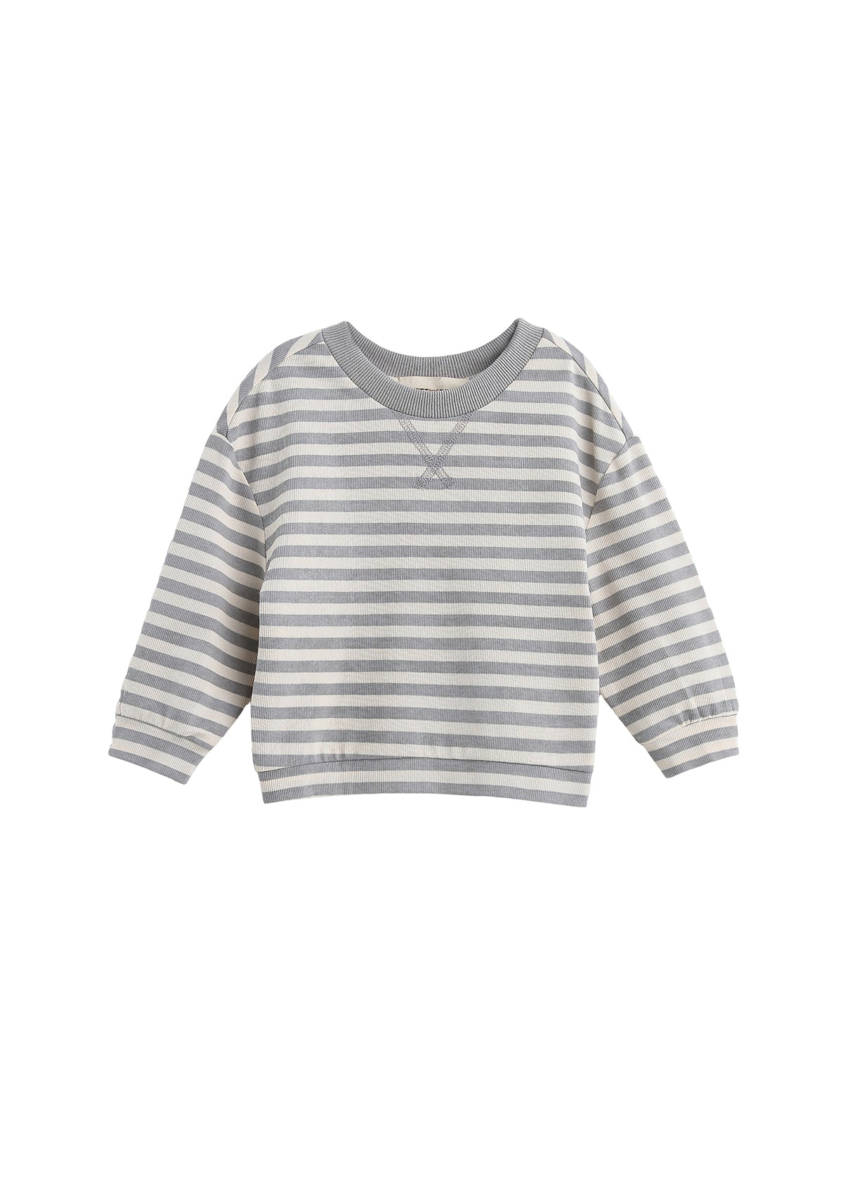 The Beckett and Bear Ethan Long Sleeve Striped Ribbed Crewneck Top is a soft brushed knit pullover for toddlers, featuring gray and white stripes, ribbed cuffs and collar, a relaxed boxy fit, and shown on a plain white background.