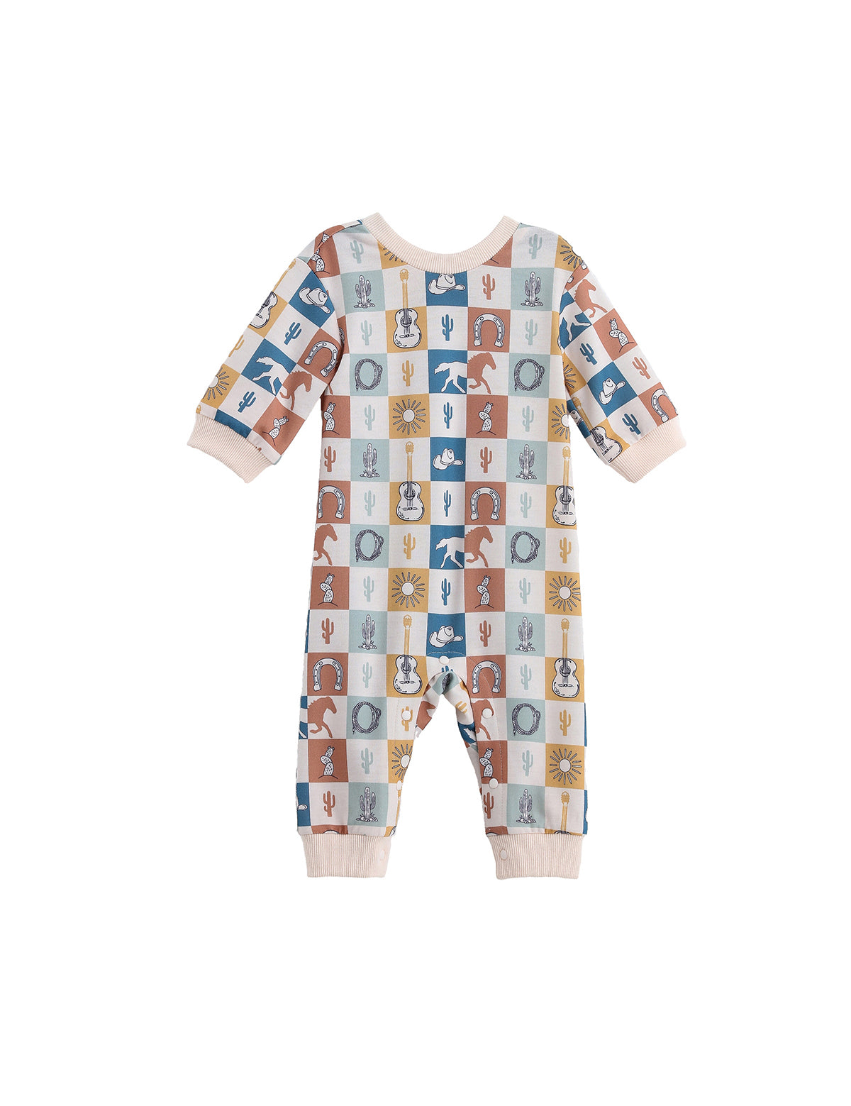 The Mabel + Honey Westin Romper Long Sleeve Print Straight Leg Romper showcases a vibrant checkerboard pattern adorned with playful cacti, suns, cows, horses, and boots. Its cozy long sleeves complement solid light beige accents at the cuffs, neckline, and ankles for added charm. This adorable romper is perfect for bringing a touch of Western flair to your little one’s wardrobe!.