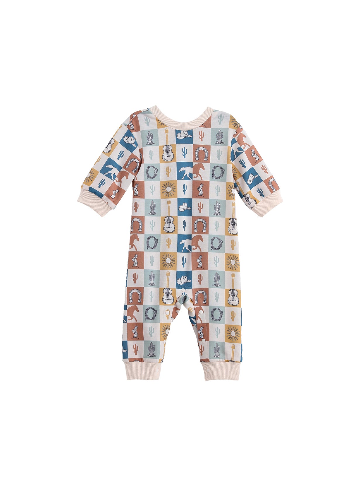 The Mabel + Honey Westin Romper Long Sleeve Print Straight Leg Romper showcases a vibrant checkerboard pattern adorned with playful cacti, suns, cows, horses, and boots. Its cozy long sleeves complement solid light beige accents at the cuffs, neckline, and ankles for added charm. This adorable romper is perfect for bringing a touch of Western flair to your little one’s wardrobe!.