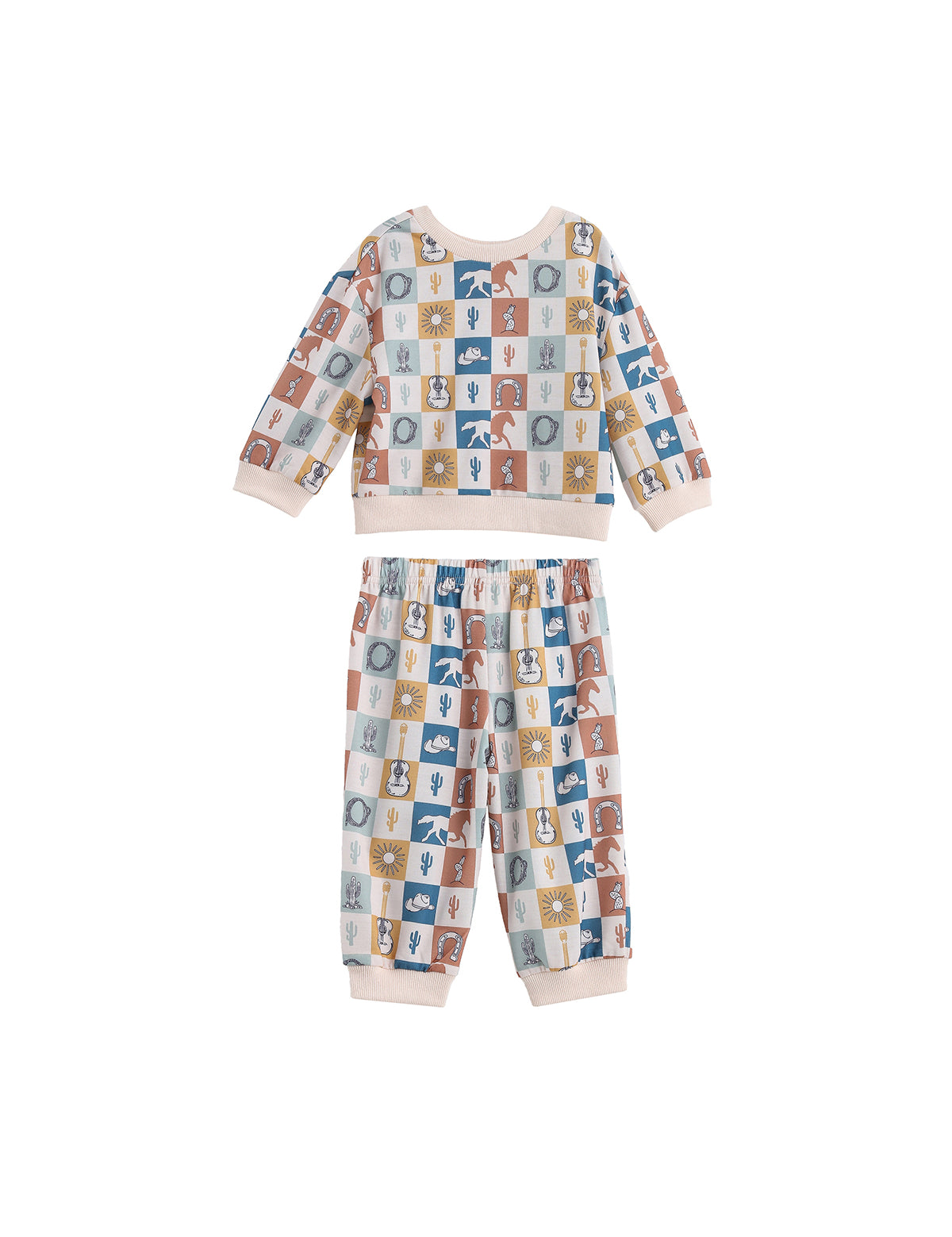 Introducing the Beckett and Bear Westin Long Sleeve Western Print Sweatshirt and Jogger Set: a two-piece children’s loungewear set crafted from soft cotton knit for ultimate comfort. This cozy ensemble features a pastel-colored checkerboard print adorned with charming animal and nature icons on each square, paired with light pink cuffs and collar for a sweet, playful touch.