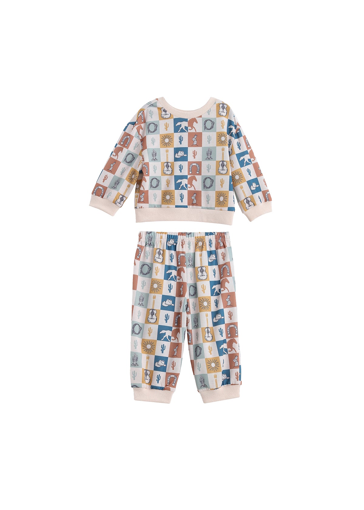 Introducing the Beckett and Bear Westin Long Sleeve Western Print Sweatshirt and Jogger Set: a two-piece children’s loungewear set crafted from soft cotton knit for ultimate comfort. This cozy ensemble features a pastel-colored checkerboard print adorned with charming animal and nature icons on each square, paired with light pink cuffs and collar for a sweet, playful touch.