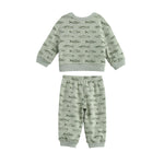 The Matthew Two Piece Set Long Sleeve Print Pullover And Jogger Two Piece Set by Mabel + Honey features an adorable sage green design for toddlers. This kids’ set includes a long-sleeve pullover top and matching joggers, both adorned with a charming repeating fish pattern and displayed laid flat on a white background.