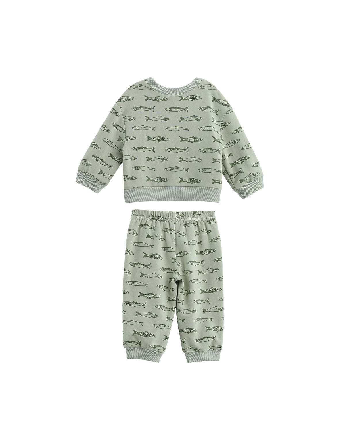 The Matthew Two Piece Set Long Sleeve Print Pullover And Jogger Two Piece Set by Mabel + Honey features an adorable sage green design for toddlers. This kids’ set includes a long-sleeve pullover top and matching joggers, both adorned with a charming repeating fish pattern and displayed laid flat on a white background.