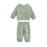 The Matthew Two Piece Set Long Sleeve Print Pullover And Jogger Two Piece Set by Mabel + Honey features an adorable sage green design for toddlers. This kids’ set includes a long-sleeve pullover top and matching joggers, both adorned with a charming repeating fish pattern and displayed laid flat on a white background.