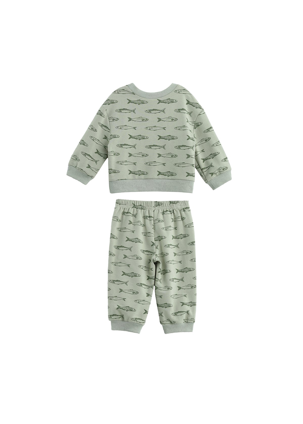 The Matthew Two Piece Set Long Sleeve Print Pullover And Jogger Two Piece Set by Mabel + Honey features an adorable sage green design for toddlers. This kids’ set includes a long-sleeve pullover top and matching joggers, both adorned with a charming repeating fish pattern and displayed laid flat on a white background.