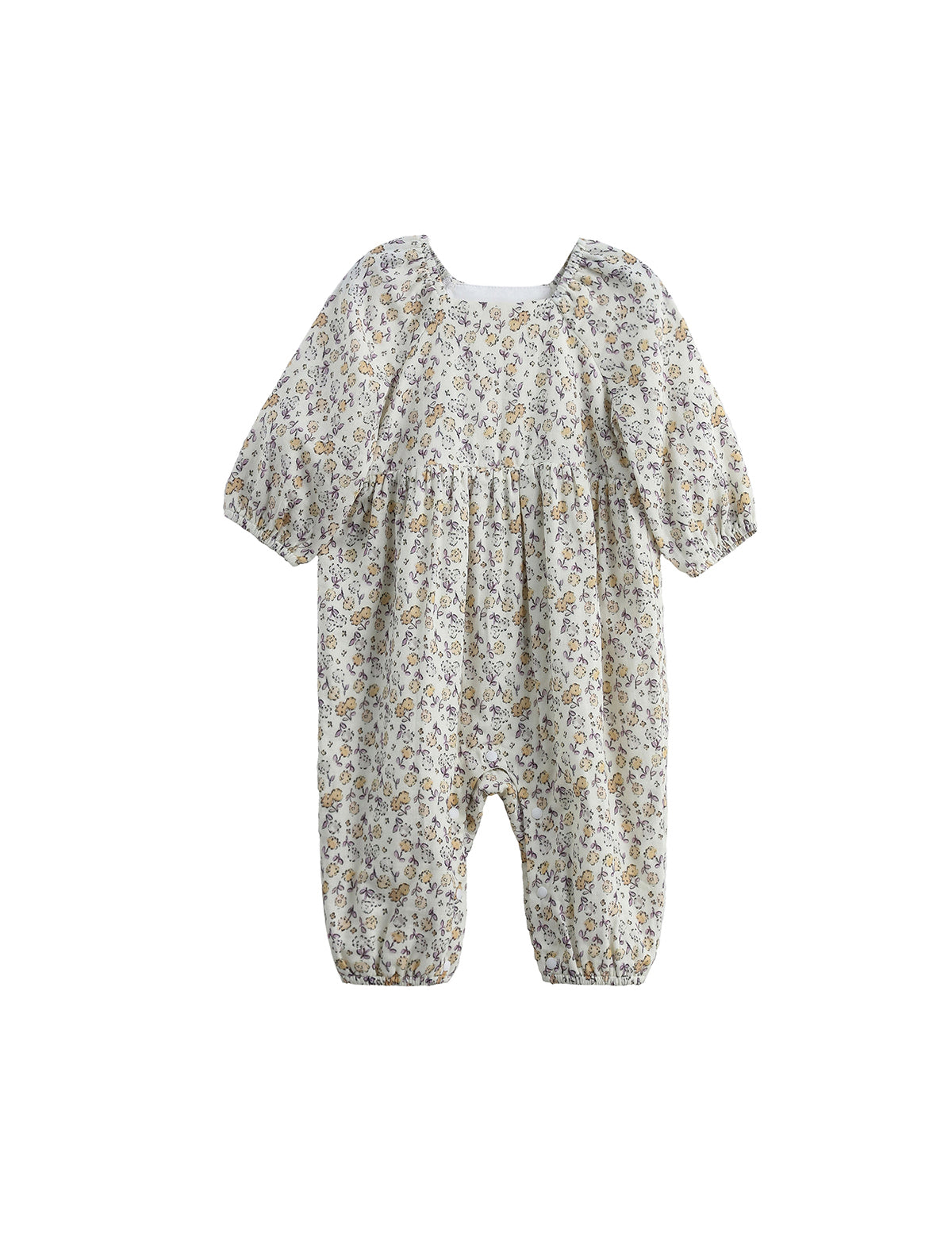 Introducing the Wildflower Dream Romper Long Sleeve Floral Bubble Romper by Mabel + Honey—a charming, ditsy floral romper designed for both comfort and style. This baby romper showcases long sleeves with elastic cuffs, a light beige background accented by a delicate small floral print in soft colors, and gathered details at the waist with bubble-shaped leg openings. Its loose fit ensures your little one stays cozy and comfortable all day long.
