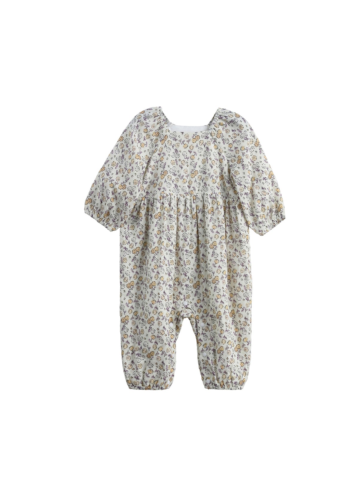 Introducing the Wildflower Dream Romper Long Sleeve Floral Bubble Romper by Mabel + Honey—a charming, ditsy floral romper designed for both comfort and style. This baby romper showcases long sleeves with elastic cuffs, a light beige background accented by a delicate small floral print in soft colors, and gathered details at the waist with bubble-shaped leg openings. Its loose fit ensures your little one stays cozy and comfortable all day long.