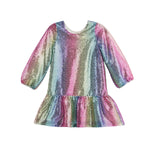 Long-sleeve, color block dropwaist dress two-piece set for girls, featuring a vibrant rainbow pattern and ruffled hem, displayed on a white background—perfect as a party outfit from Mabel + Honey’s Rainbow Party Two Piece Set.
