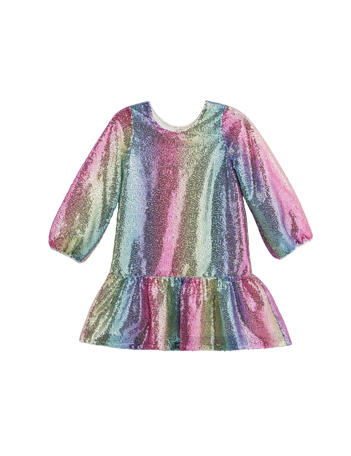 Long-sleeve, color block dropwaist dress two-piece set for girls, featuring a vibrant rainbow pattern and ruffled hem, displayed on a white background—perfect as a party outfit from Mabel + Honey’s Rainbow Party Two Piece Set.