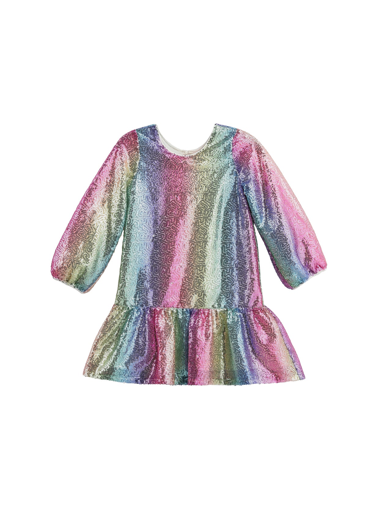 Long-sleeve, color block dropwaist dress two-piece set for girls, featuring a vibrant rainbow pattern and ruffled hem, displayed on a white background—perfect as a party outfit from Mabel + Honey’s Rainbow Party Two Piece Set.