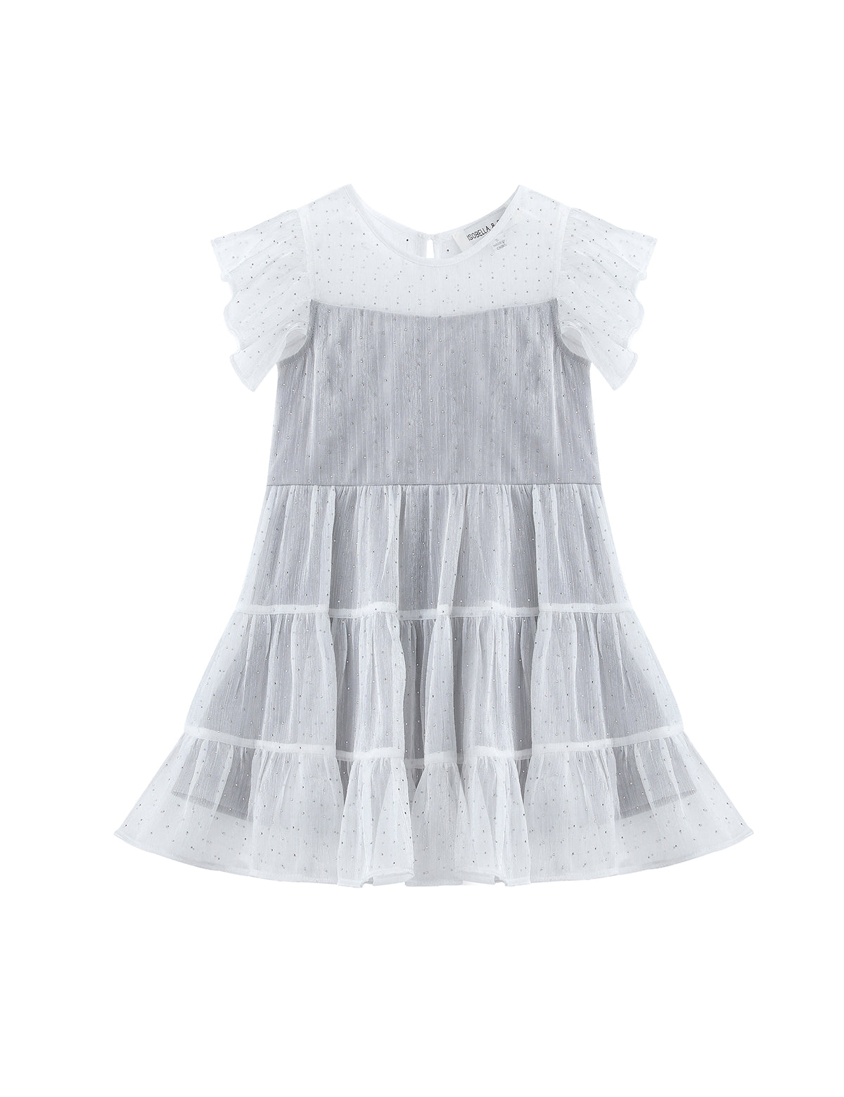 The Mabel + Honey Shimmer Shine Dress Flutter Sleeve Polka Dot Tiered Party Dress features white and light gray hues, short sleeves with sheer, dotted fabric, and ruffled layers on the skirt—an ideal holiday dress for special occasions. Displayed on a white background.