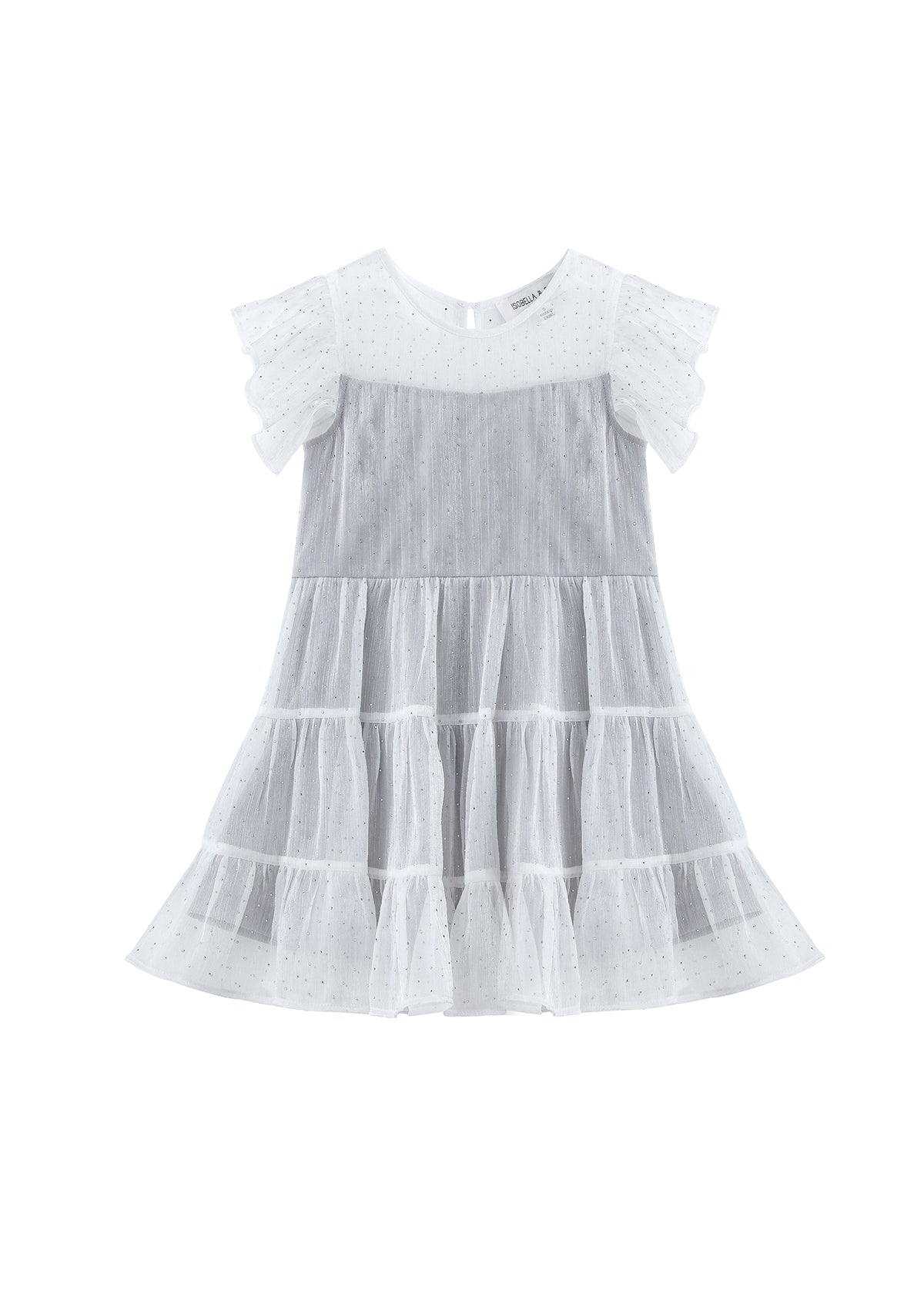 The Mabel + Honey Shimmer Shine Dress Flutter Sleeve Polka Dot Tiered Party Dress features white and light gray hues, short sleeves with sheer, dotted fabric, and ruffled layers on the skirt—an ideal holiday dress for special occasions. Displayed on a white background.