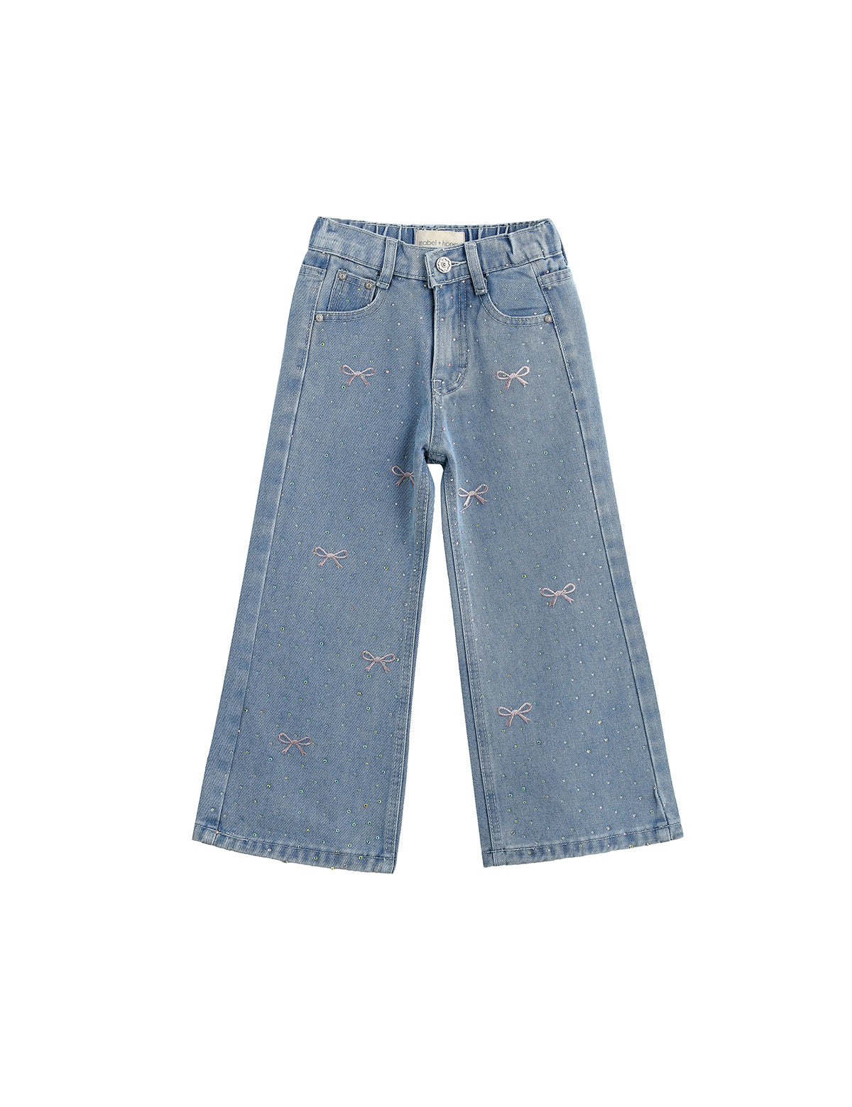 Mabel + Honey Pants Wide Leg Denim Bow Print Rhinestone Embellished Pants for kids in light blue, showcasing small embroidered bows with dotted details and delicate rhinestone accents, displayed on a white background.
