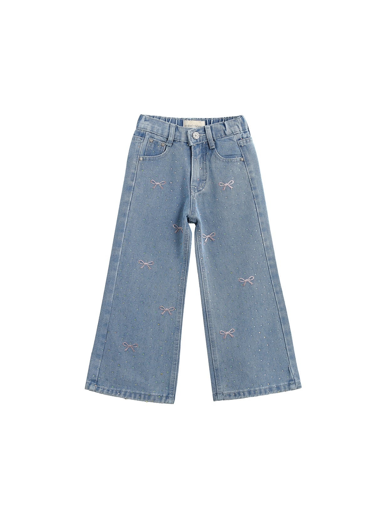 Mabel + Honey Pants Wide Leg Denim Bow Print Rhinestone Embellished Pants for kids in light blue, showcasing small embroidered bows with dotted details and delicate rhinestone accents, displayed on a white background.
