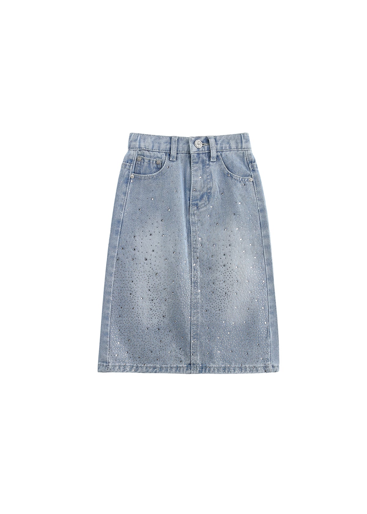 The Rhinestone Embellished Denim Elastic Waist Pencil Skirt from Mabel and Honey is crafted from light blue denim and features a comfortable elastic waistband, front button and zipper closure, belt loops, pockets, subtle distressing with small faded spots throughout the fabric, and stylish rhinestone embellishments. Displayed on a plain white background.