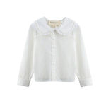 The Mabel + Honey Cloud Dancer Top Long Sleeve Solid Ruffle Collar Button Front Top is crafted from lightweight woven fabric in white, featuring long sleeves and a wide, ruffled Peter Pan collar, and is displayed against a plain white background.