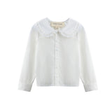 The Mabel + Honey Cloud Dancer Top Long Sleeve Solid Ruffle Collar Button Front Top is crafted from lightweight woven fabric in white, featuring long sleeves and a wide, ruffled Peter Pan collar, and is displayed against a plain white background.