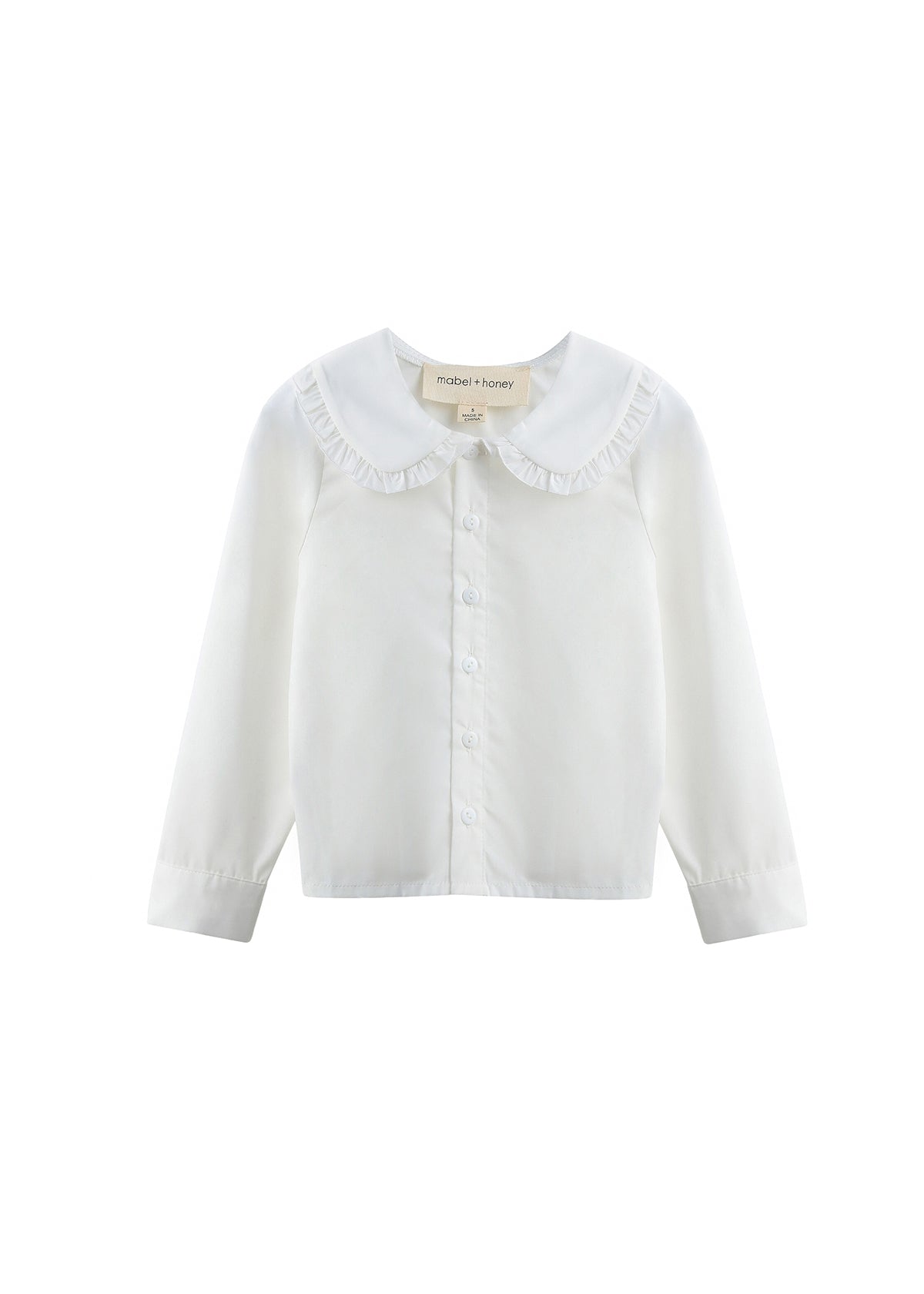The Mabel + Honey Cloud Dancer Top Long Sleeve Solid Ruffle Collar Button Front Top is crafted from lightweight woven fabric in white, featuring long sleeves and a wide, ruffled Peter Pan collar, and is displayed against a plain white background.