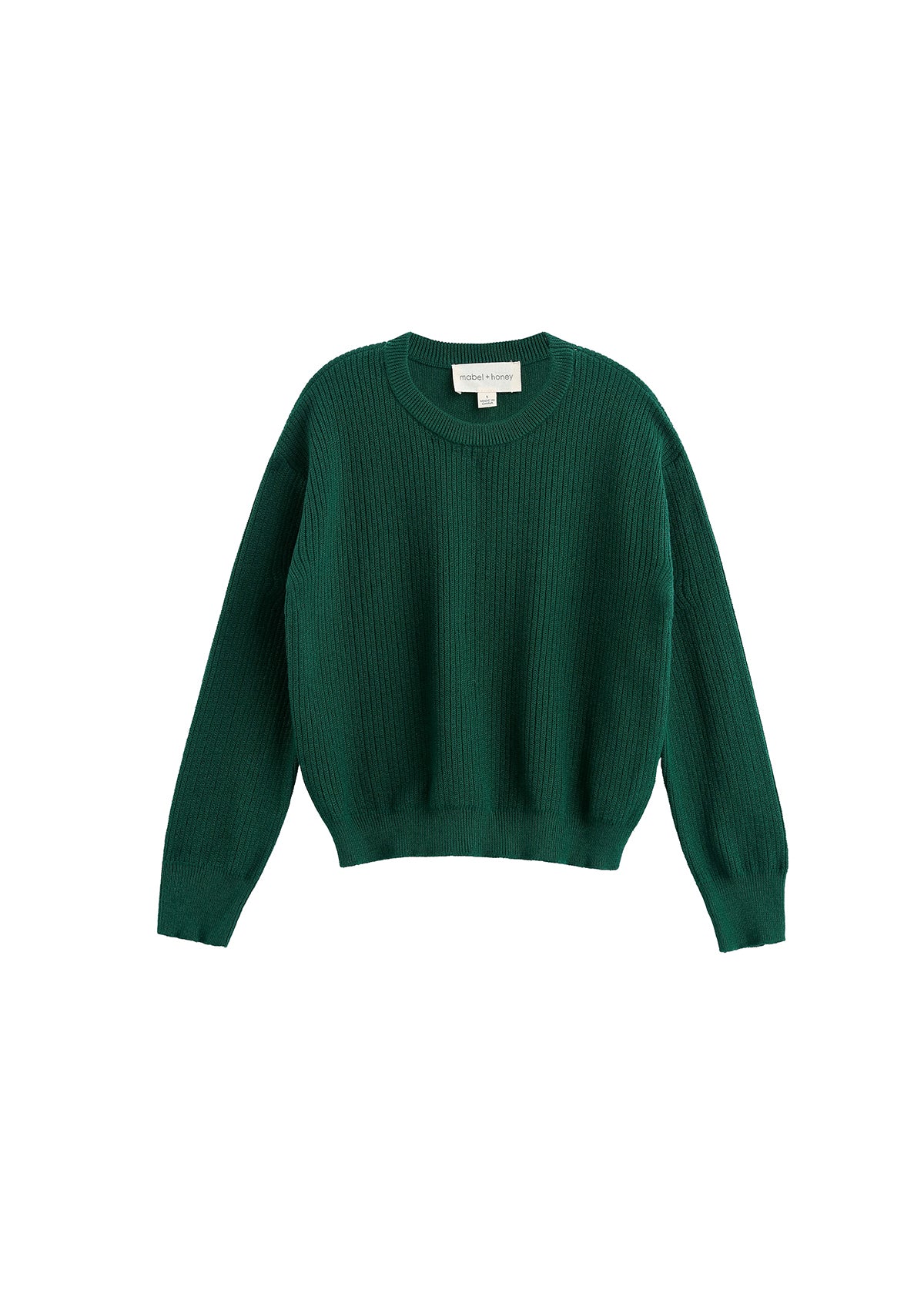 Showcased on a white background, the Mabel + Honey Evergreen Sweater Long Sleeve Solid Ribbed Crewneck Sweater features a plain dark green color, ribbed-knit texture, cozy long sleeves, and a classic crew neckline—making it a timeless wardrobe staple.