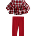 The Mabel + Honey Winterberry Two Piece Set features a long-sleeve plaid tiered ruffle top in red and white, paired with solid red leggings, displayed on a white background.