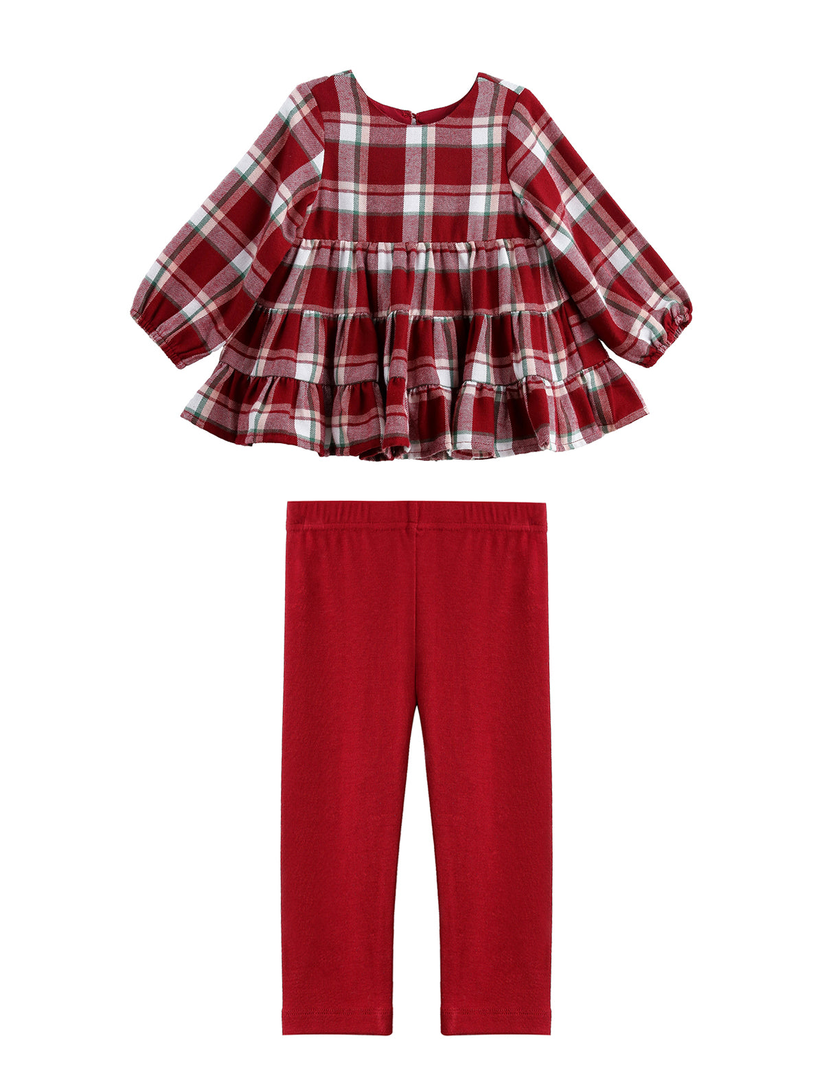 The Mabel + Honey Winterberry Two Piece Set features a long-sleeve plaid tiered ruffle top in red and white, paired with solid red leggings, displayed on a white background.