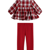 The Mabel + Honey Winterberry Two Piece Set features a long-sleeve plaid tiered ruffle top in red and white, paired with solid red leggings, displayed on a white background.